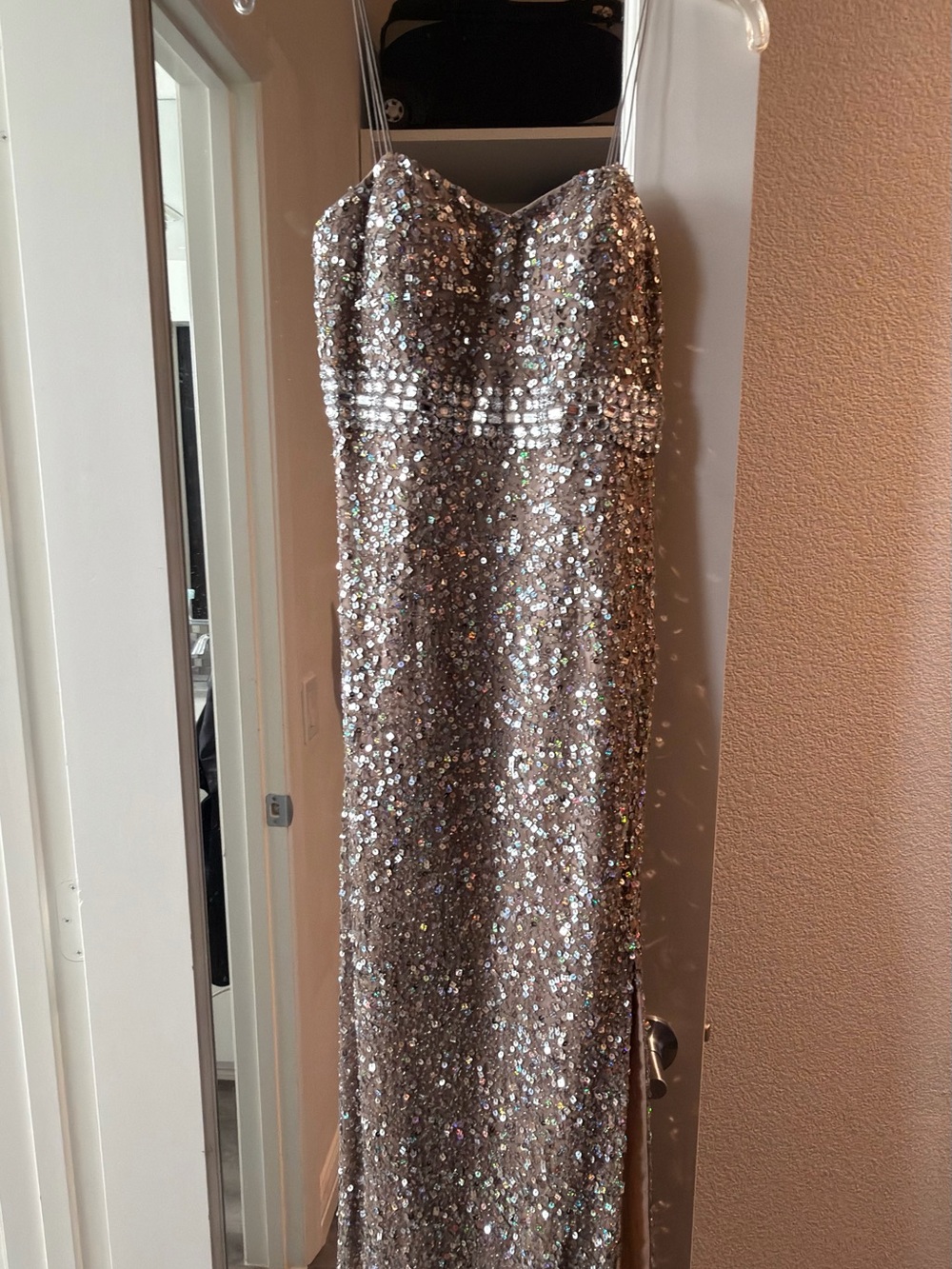 Sequin Prom Dress Size 4 Nude Champagne Gown Slit Formal